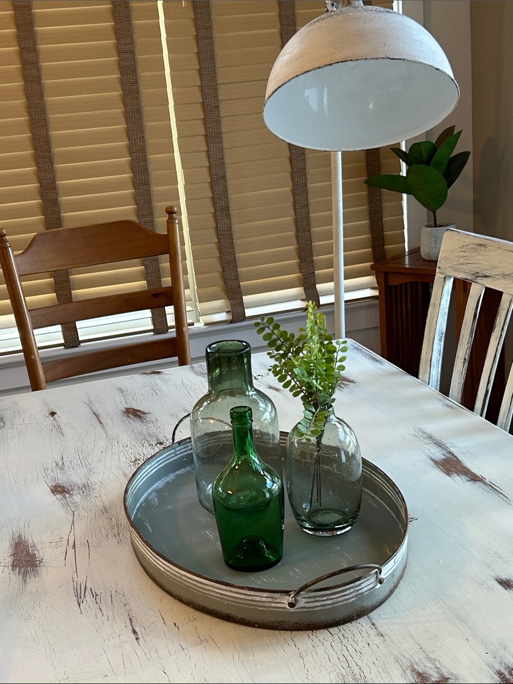 Green tabletop decor Glass vase accents shades of green Rustic modern farmhouse